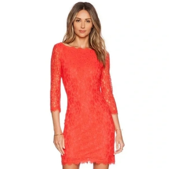 Diane Von Furstenberg Zarita Coral Lace Dress Shift 8 Medium DVF Silk - Picture 1 of 16
